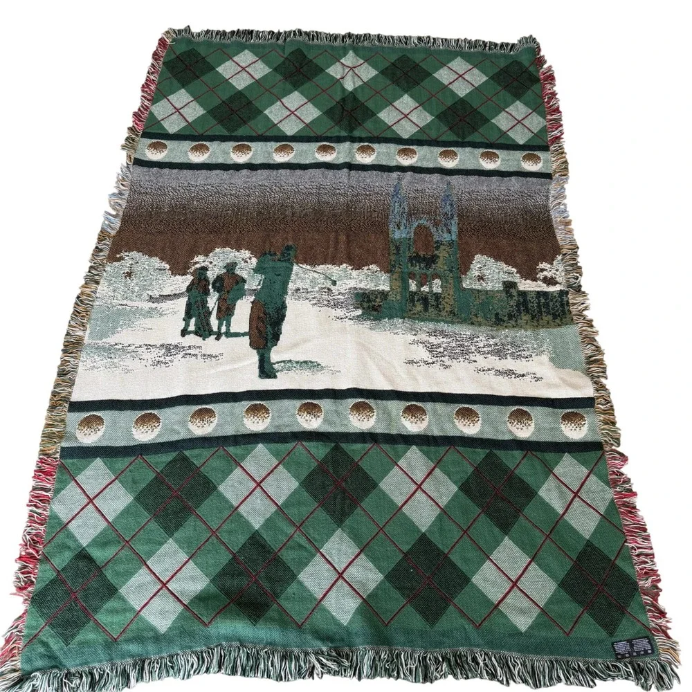 Vintage Golf Woven Cotton Tapestry Throw Blanket Argyle Fringe Made in USA 50x72